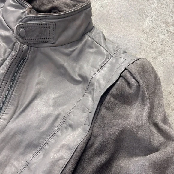 Gray Leather Jacket with Stand-Up Collar and Full-Length Zipper - Picture 3 of 11